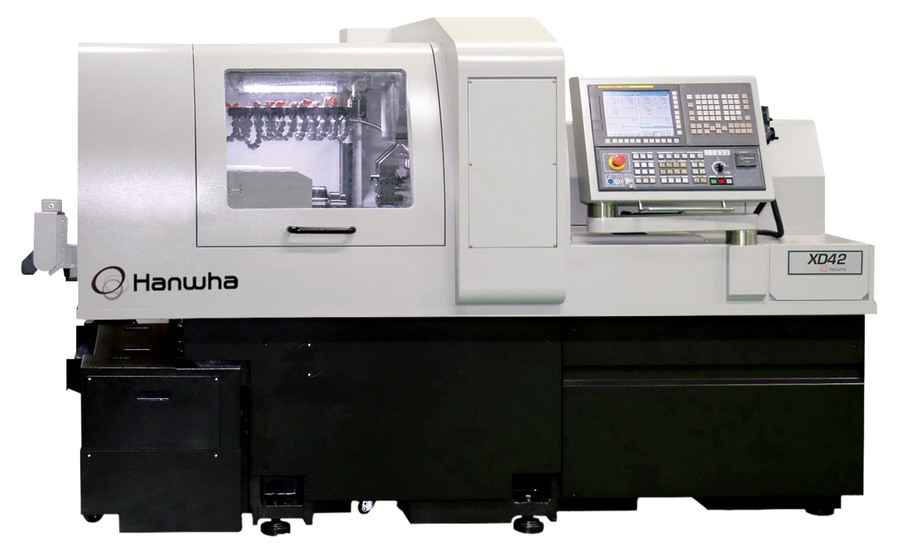 Dvojkanálový, 5 osý CNC dlhoročný automatický sústruh Hanwha XD42